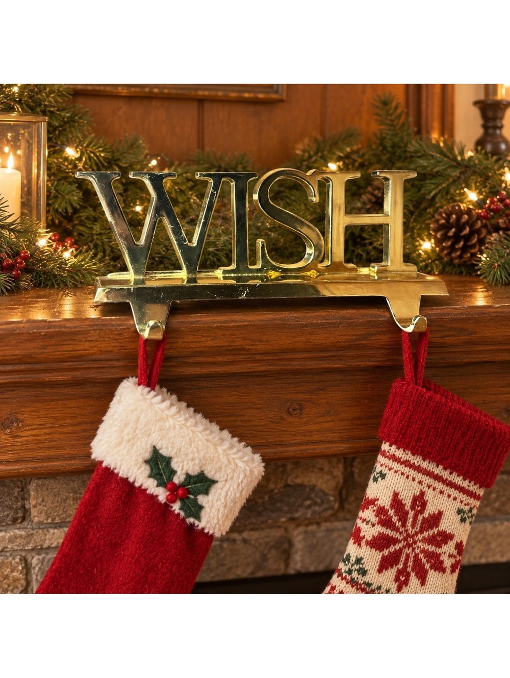 Vintage WISH Double Stocking Holder Gold Tone Metal Christmas Mantel Hook